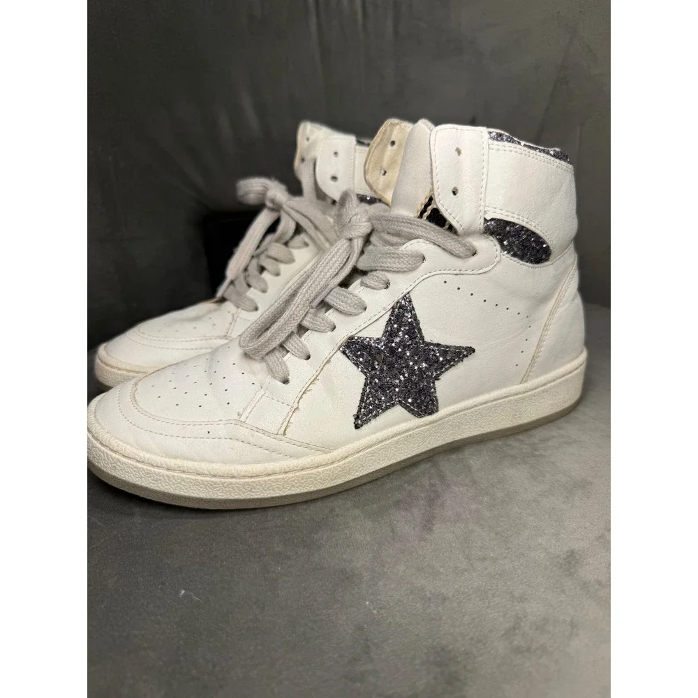 Shu Shop White High Top Sneakers Black Glitter Star Womens‎ Size 8
